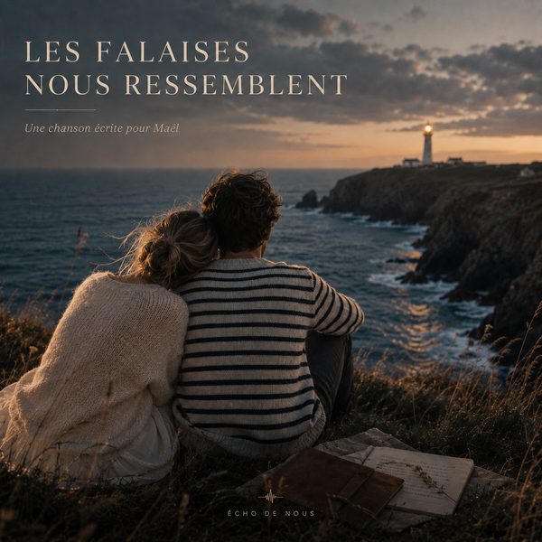 Pochette de la chanson Les Falaises Nous Ressemblent — un couple face à l'océan et un phare au crépuscule