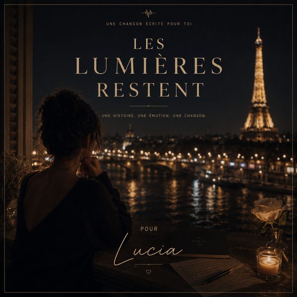 Pochette de la chanson Les Lumières Restent — une femme contemplant Paris illuminé et la tour Eiffel la nuit